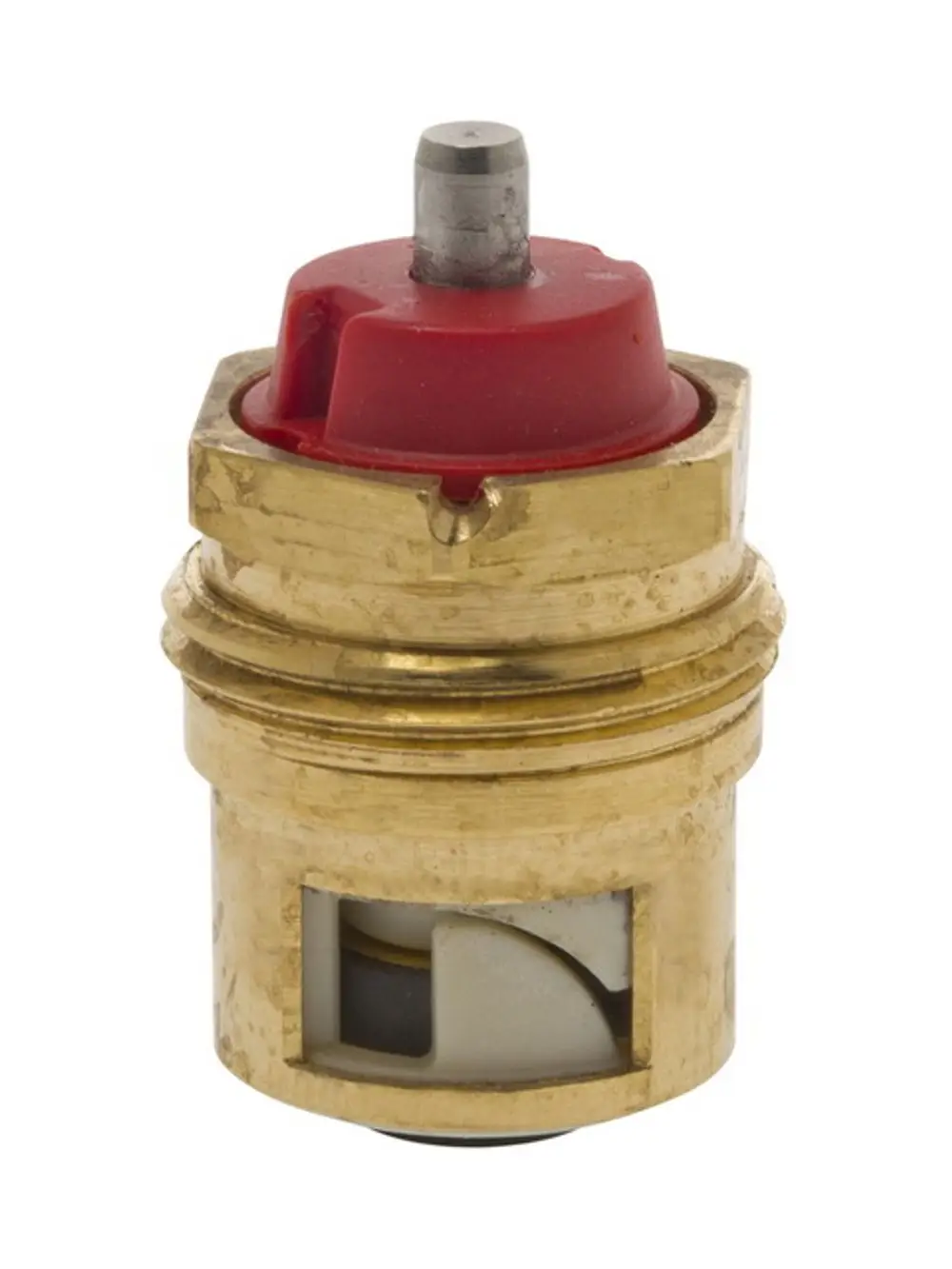 Thermostat-Oberteil aus Messing mit rotem Kopf, eingesetzt in Heizungsanlagen. Hersteller: IMI Hydronic Engineering.